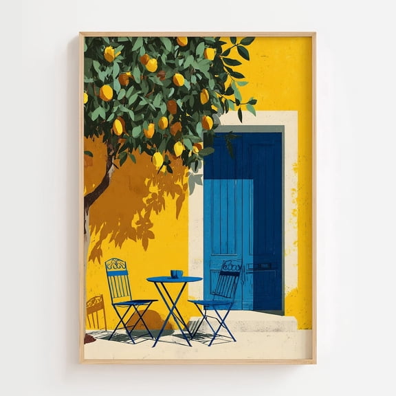Mediterranean Lemon Tree Amalfi Italy Print Yellow House Blue Door Poster, 16x24 UNFRAMED