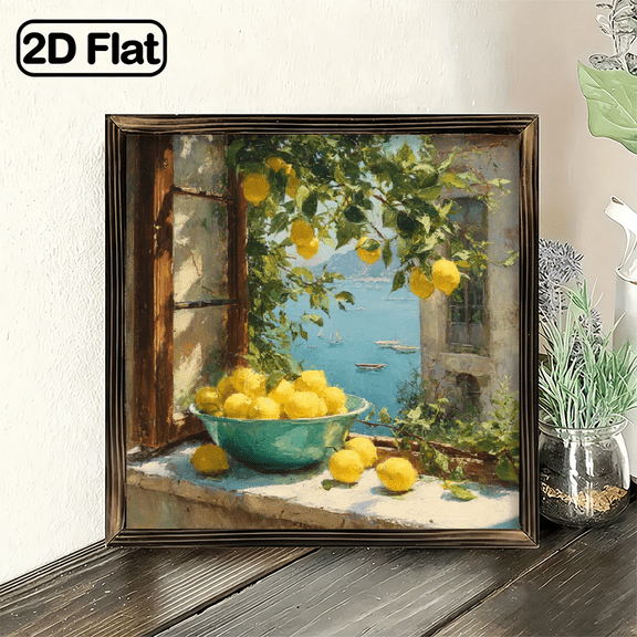 Mediterranean Lemon Tree Seascape Window View Art Print, 8x8 Inch Decorative Signs & Plaques, Framed Coastal Wall Decor for Living Room Kitchen Dining Room Bedroom Office, Unique Gift f