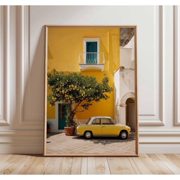 Mediterranean Lemon Tree Wall Art Print Vintage Car Poster Italian Summer Decor Amalfi Coast Travel Photography Kitchen Dining Room