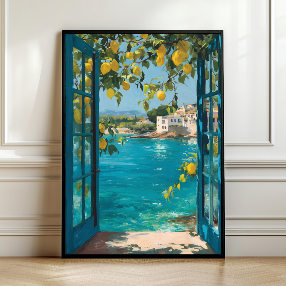 Mediterranean Lemon Tree Window View Summer Poster, Poster Only