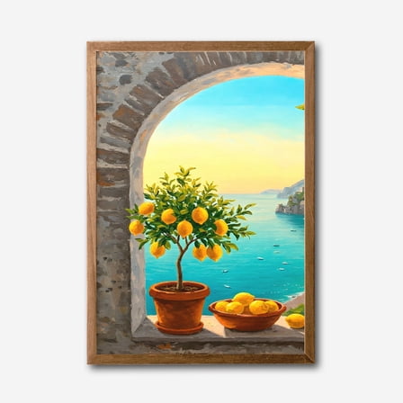 Mediterranean Lemon Tree and Coastal View Canvas Wall Art Vibrant Italian Summer Decor