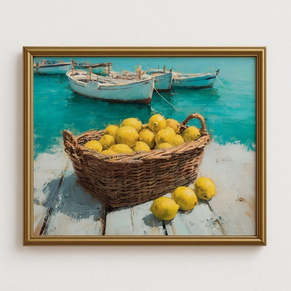 Mediterranean Lemons Wall Art, Coastal Kitchen Summer Print, Amalfi Coast Inspired Rustic Basket, Ocean Seaside Décor Home Decor #965, Unframed Poster Size 8x12
