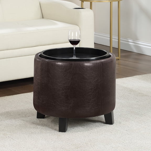 Mediterranean Mingle Round Storage Ottoman with Reversible Tray, Solid Wood Legs, Padded Seat, Multi-Use as Footrest, Small Table, or Extra Seating
