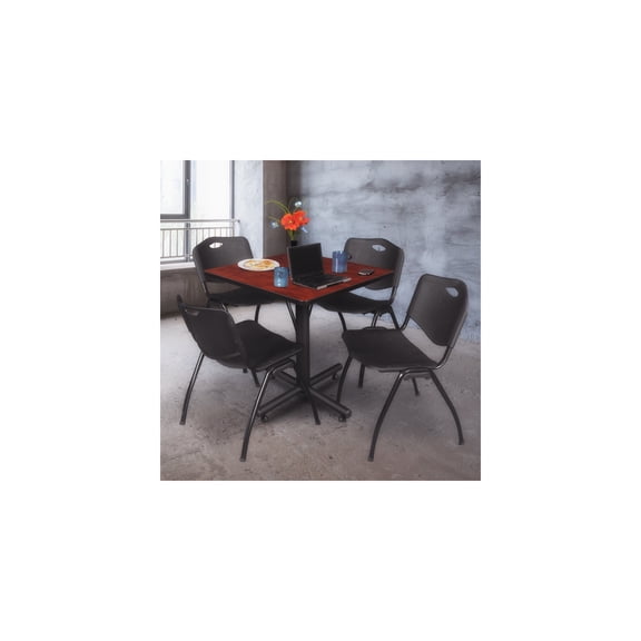 Mediterranean Mingle Square Breakroom Table in Cherry Finish with 4 'M' Stackable Black Chairs Providing Classic Design and Comfortable Seating