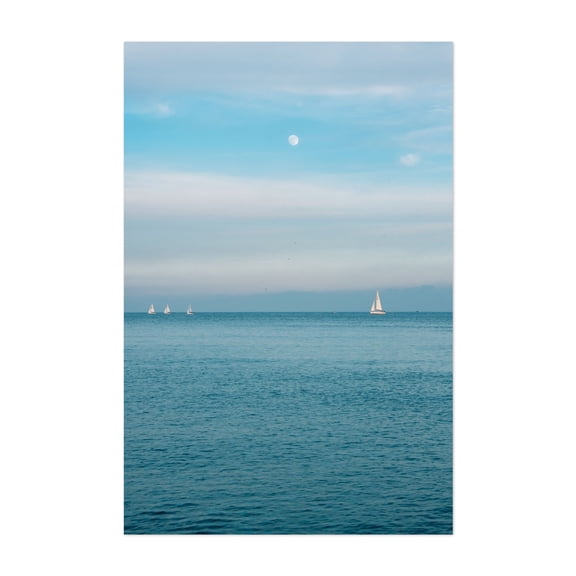 Mediterranean Moon - Barcelona Catalonia Spain Photography Ocean Sailboat Seascape Minimalist Coast Moon Nature Unframed Wall Art Print 40 x 60 inches