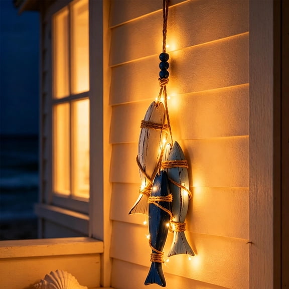 Mediterranean Nautical Wall Hanging Decor, Wooden Fish Starfish Wall Decor with LED Lights, Battery Operated LED String Light Hanging Ornament, Nautical Hanging Decor, Coastal Style Wall Art