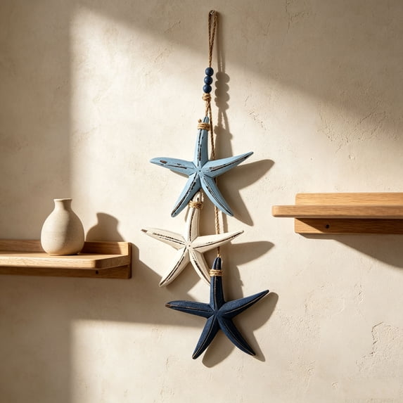 Mediterranean Nautical Wall Hanging Decor, Wooden Starfish and Fish Hanging Ornament, Coastal Beach Style Rope Decor for Home, Cafe, Restaurant, Bathroom, Ocean Theme Wall Art