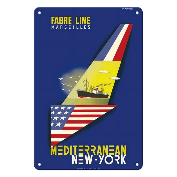Mediterranean New York - Fabre Line Marseilles - Vintage Ocean Liner Travel Poster by J. Tonelli c.1950 - 8 x 12 inch Vintage Metal Tin Sign