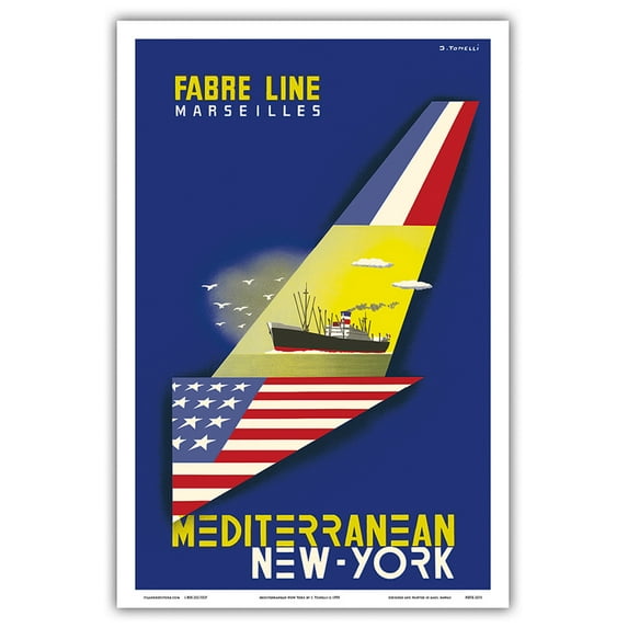 Mediterranean New York - Fabre Line Marseilles - Vintage Ocean Liner Travel Poster by J. Tonelli c.1950 - Master Art Print (Unframed) 12in x 18in
