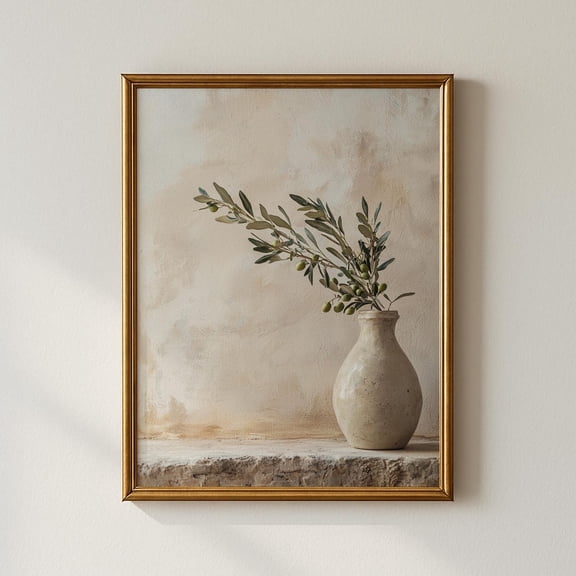 Mediterranean Olive Branch Beige Botanical Decor Wall Art