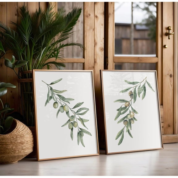 Mediterranean Olive Branch Kitchen Dining Sage Green Minimalist Wall Decor Set 2 Stretched Canvas 8x12