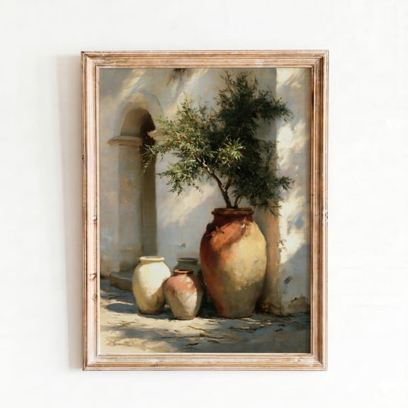 Mediterranean Olive Tree Terracotta Vase Print, Unframed Paper Poster 8x10in