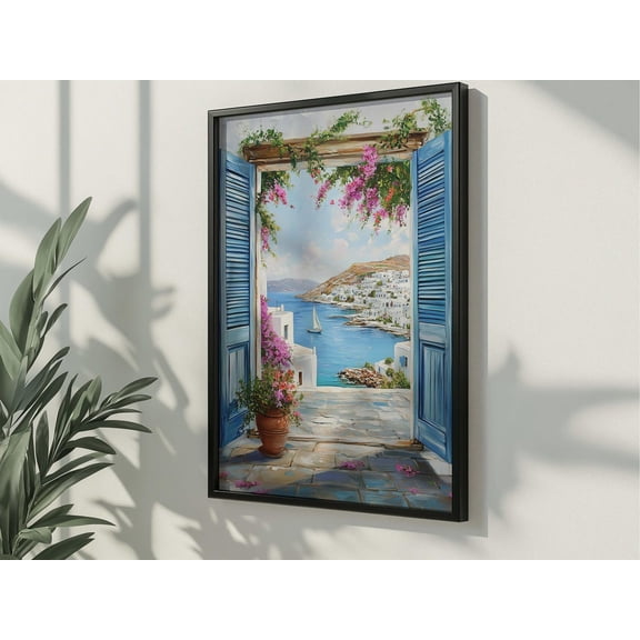 Mediterranean Open Window Blue Shutter Coastal Wall Art, Unframed Paper Print Size 8x12