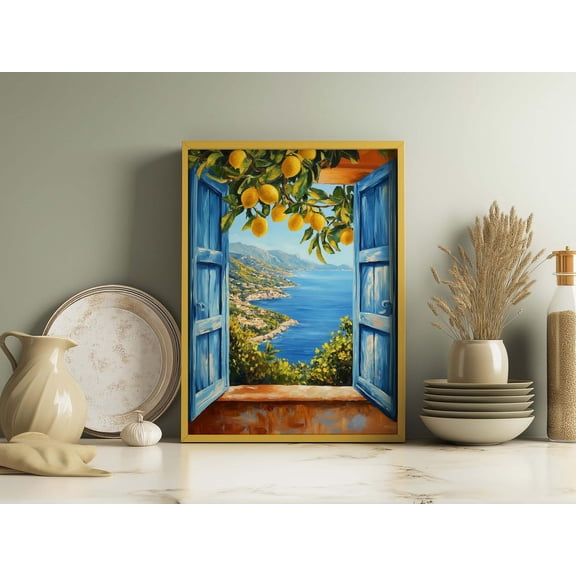 Mediterranean Open Window Lemon Coastal Kitchen Wall Art Unframed Paper Print