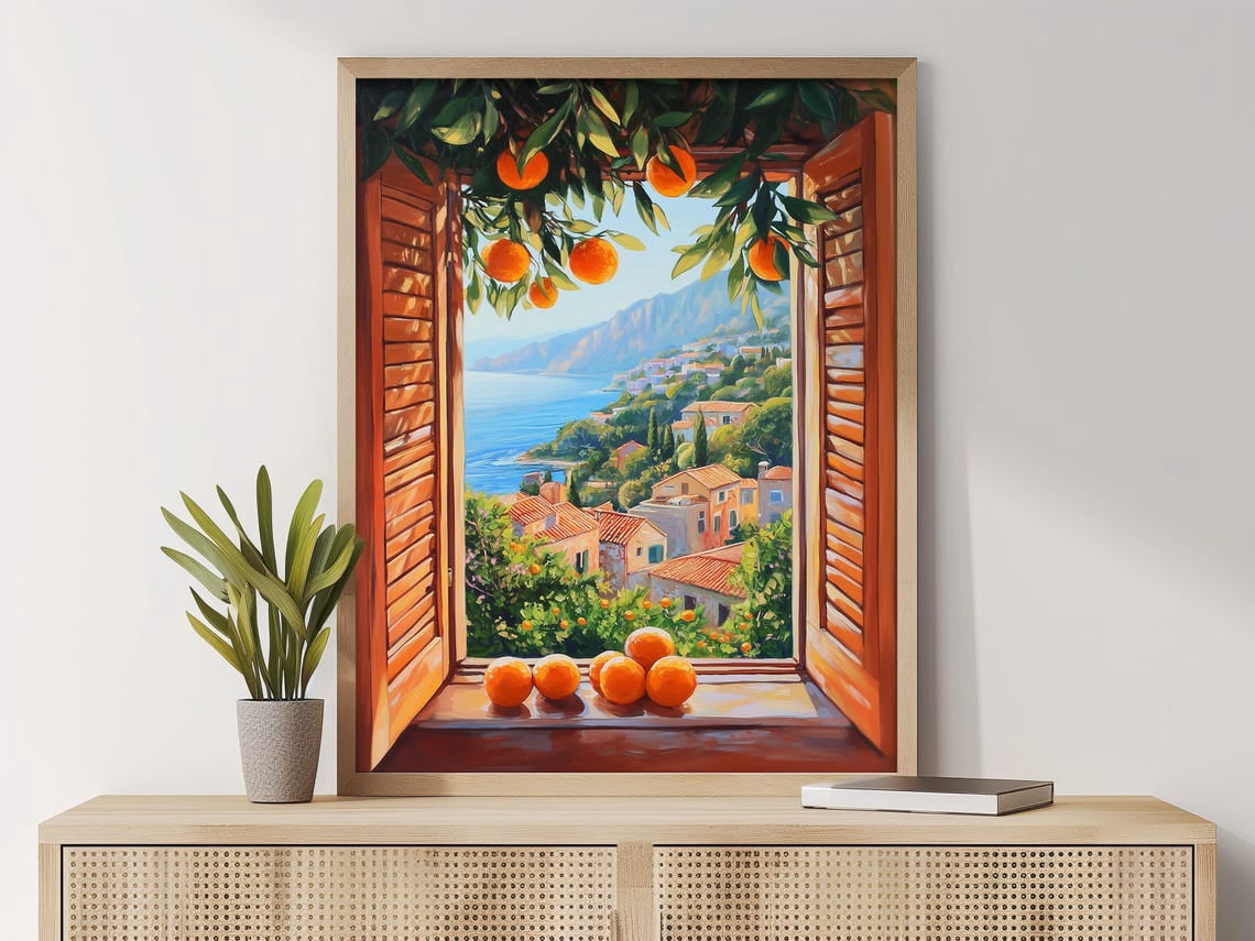 Mediterranean Open Window Orange Tree Coastal Wall Art, Unframed Canvas ...