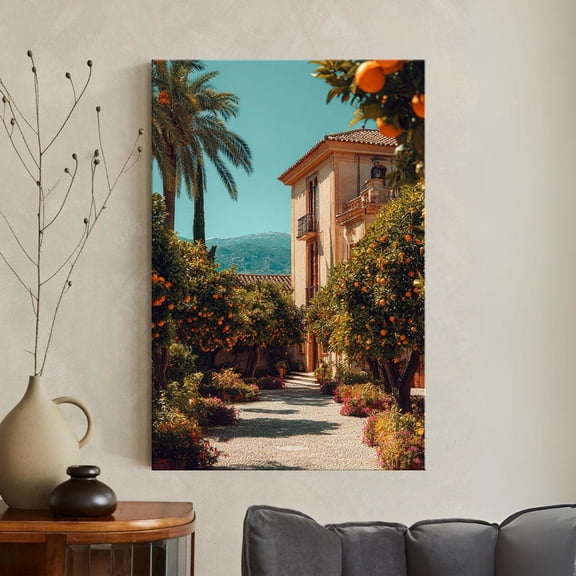 Mediterranean Orange Tree Art, Italian Villa Print, Summer Landscape , Spanish Hacienda Decor, Rustic Citrus Grove Wall Art Unframed Paper Print