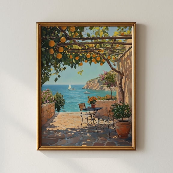 Mediterranean Orange Tree Ocean View Terrace, Unframed Paper Poster 11x14in
