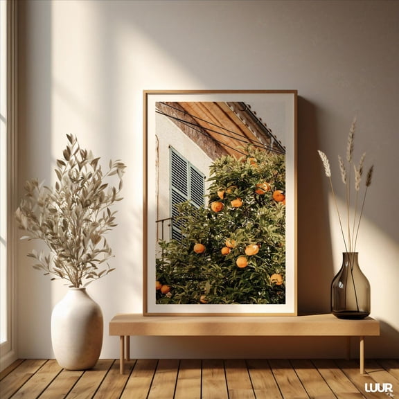 Mediterranean Orange Tree Rustic Stone House Boho Wall Art, Stretched Canvas Size 8x12