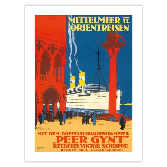 Mediterranean and Orient - Viktor Schuppe Shipping Co. - Cruises on Screw Steamer - Vintage Ocean Liner Travel Poster by Rudolf Rüffer c.1925 - Bamboo Fine Art 290gsm Paper Print (Unframed) 18x24in