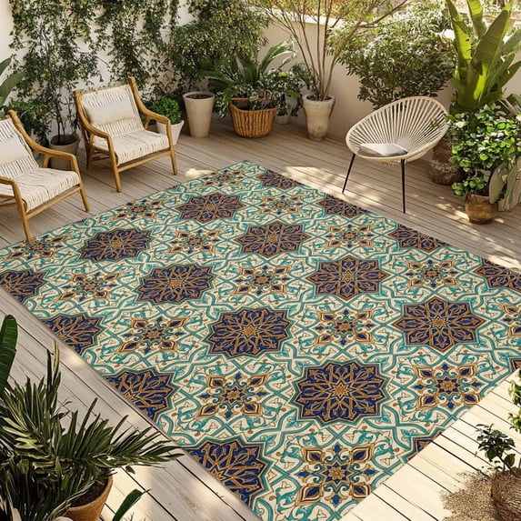 Mediterranean Outdoor Rug 5x8 Ft - Reversible Patio Rug Outdoor Camping Rugs, Vintage Morocco Abstract Pattern Brown Green Indoor Outdoor Area Rugs, Non-Slip Outdoor Carpet Runner for Deck/Porch