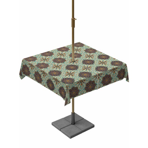 Mediterranean Outdoor Tablecloth - 54x54 Inch Square Dining Table Cover, Vintage Morocco Abstract Pattern Brown Green Waterproof Outdoor Table Cloth with Umbrella Hole & Zipper for Picnic/Patio/Party