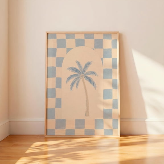 Mediterranean Palm Tree Wall Art Blue Checkerboard Coastal Greek Island Decor Beach House Wall Art Minimalist Palm Print, Unframed Paper Print