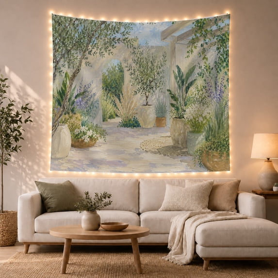 Mediterranean Patio Garden with Stone Archway and Potted Plants Serene Impressionist for Art Lovers Botanical Wall Art Housewarming Gift Tapestry Wall Hanging for Living Room and Dorm