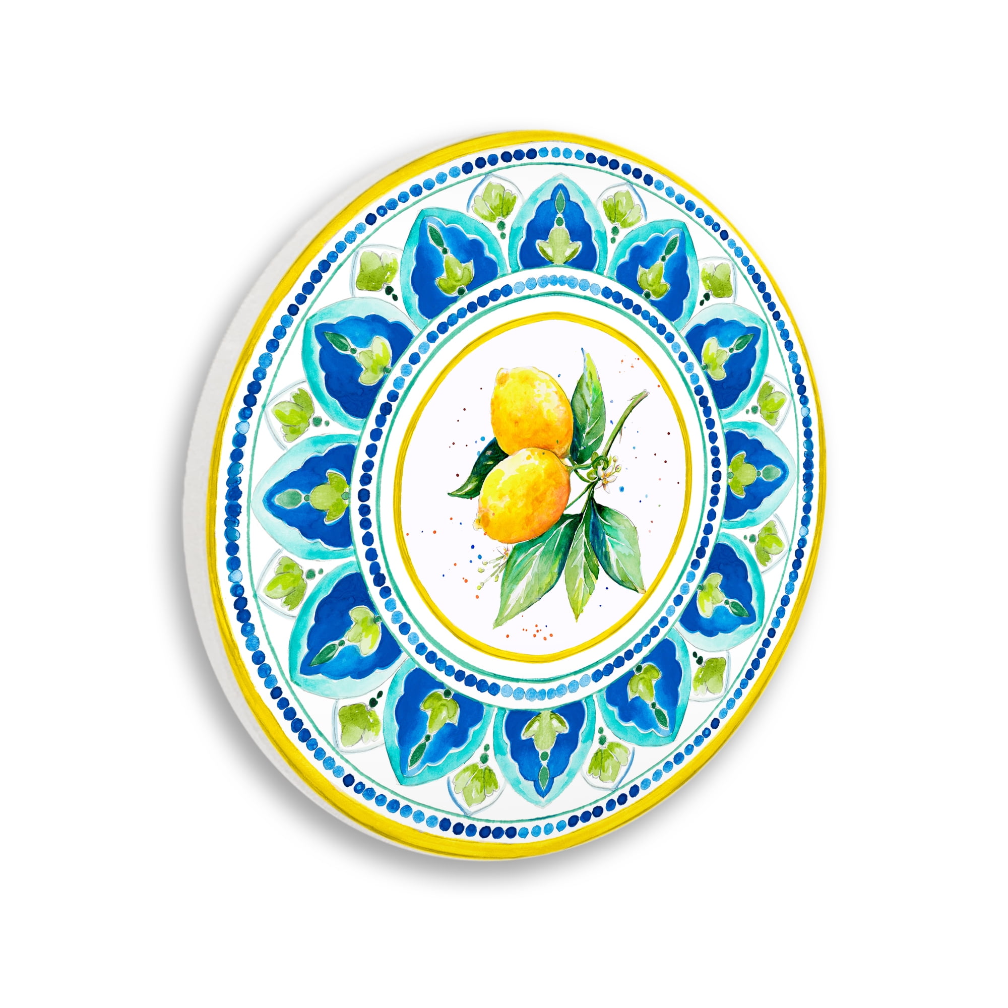Mediterranean Pattern with Lemons Circular Wall Plaque, design by Patricia Pinto