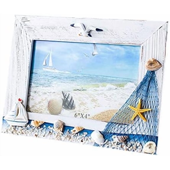 Mediterranean Photo Frame Wooden Picture Frame Wooden Photo Frame Holder for Nautical Beach Themed Home Coffee Shop Decoration, 6x4 Inch