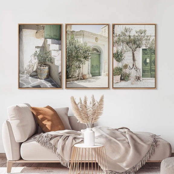 Mediterranean Photo Set of 3 Poster Rustic Door & Olive Tree Painting Wall Pictures Vintage European Street Artwork for Living Room Farmhouse Home Decor No Frame