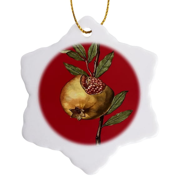 3drose, Mediterranean Pomegranate Fruit and Seeds Vector Art, 3 inch Snowflake Porcelain Ornament