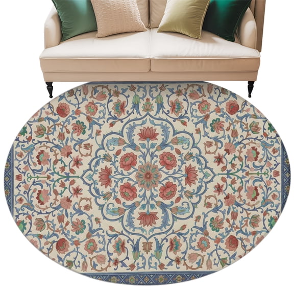 Mediterranean Round Rug 6ft Washable Circle Kitchen Rugs Non Slip Vintage Bohemia Ethnic Peony Flower Large Area Rug Indoor Floor Carpet for Bedroom Living Room Home Office Dining Room Nursery