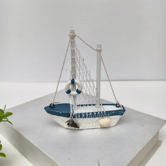 Mediterranean Sailboat Statue Nautical Coastal Tabletop Decor with Shell Lifebuoy Seagull Mini Wooden Sailboat Ornament for Living Room Bathroom Desk Beach Themed Home Decor Gift