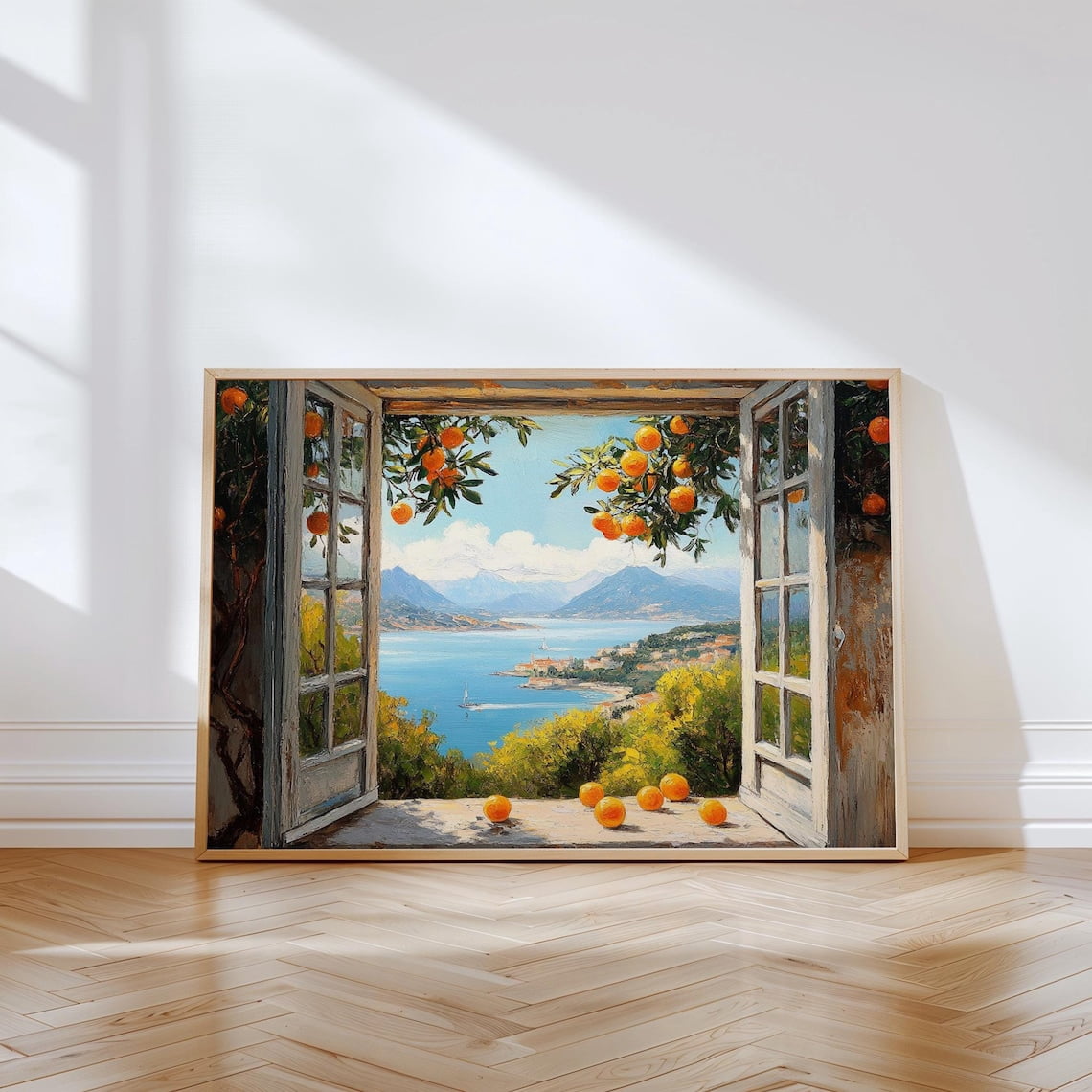 Customized Window Scenery Mediterranean Sea Open Window Scene Coastal Vintage Oranges Ocean View ...