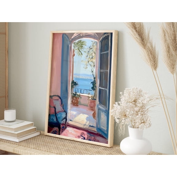 Mediterranean Sea View Open Window Print, Unframed Paper Poster 8x10in