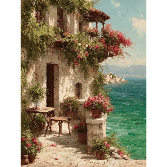 Mediterranean Seaside Balcony Canvas Art, Romantic Rose Coast Scene, Coastal Home Decor
