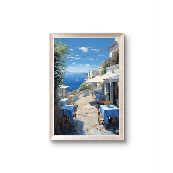 Mediterranean Seaside Cafe Riviera Print, Unframed Paper Poster 8x10in