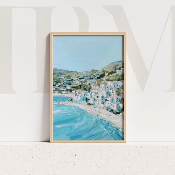 Mediterranean Seaside Town Art Print, With Hillside Village And Blue Sea Home Decor #557, Unframed Poster Size 24x36