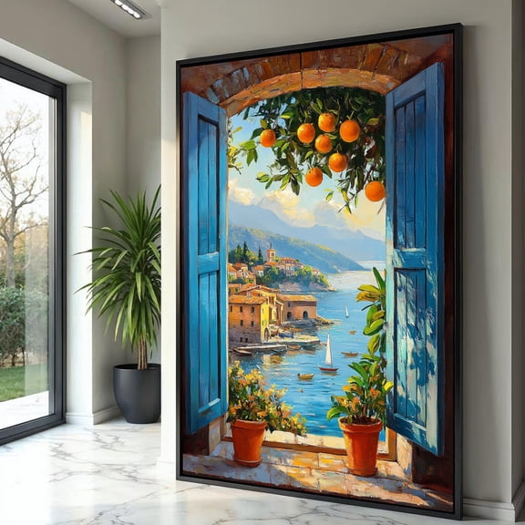 Mediterranean Seaside View, Open Blue Shutter Window Wall Art, Orange Tree and Harbor Landscape, Coastal Village Decoration Poster , Poster Print Only