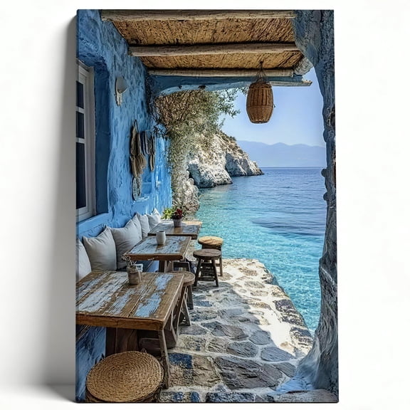 "Mediterranean Serenity" Coastal Cafe Framed Canvas Wall Art - Greek Island Decor - Fine Art for Patio, Kitchen, and Living Room 8*12inch(20*30cm)