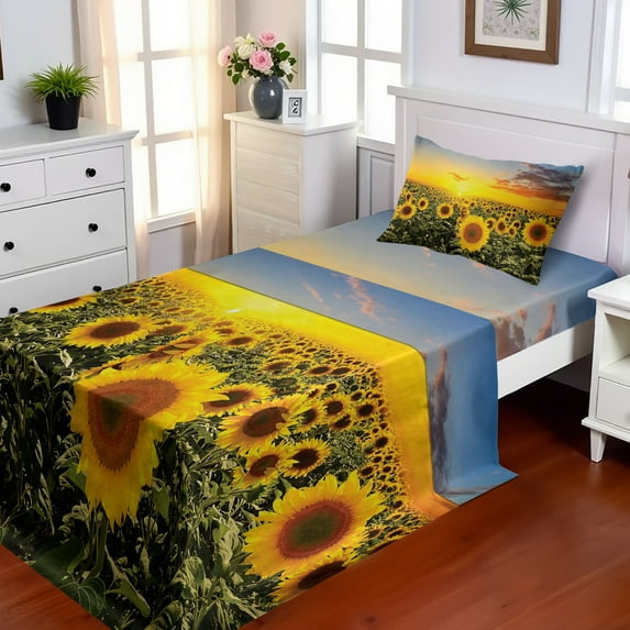 Mediterranean Sheet Set, Sunflowers Field in Spring Sunset Habitat Scenery Nature Countryside Rural, Fitted and Flat Sheet Pillowcase Bedding Accent 3 Piece Set, Twin XL, Green Yellow, by Ambesonne