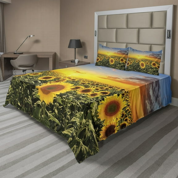 Ambesonne Mediterranean Fitted & Top Sheet Set with Shams, Sunflowers Field Dusk, Green Yellow