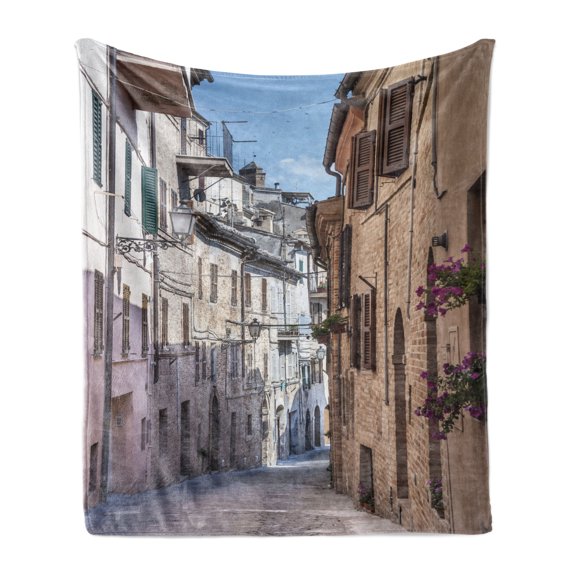 Mediterranean Soft Flannel Fleece Blanket, Italian Apartments Aged City Countryside Italy Dreamy Path Destination Photo, Cozy Plush for Indoor and Outdoor Use, 50" x 70", Multicolor, by Ambesonne