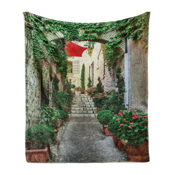Mediterranean Soft Flannel Fleece Blanket, Narrow Street with Flowers Rural Wine Town in Southern France Provinces Photo, Cozy Plush for Indoor and Outdoor Use, 50" x 70", Grey Green, by Ambesonne
