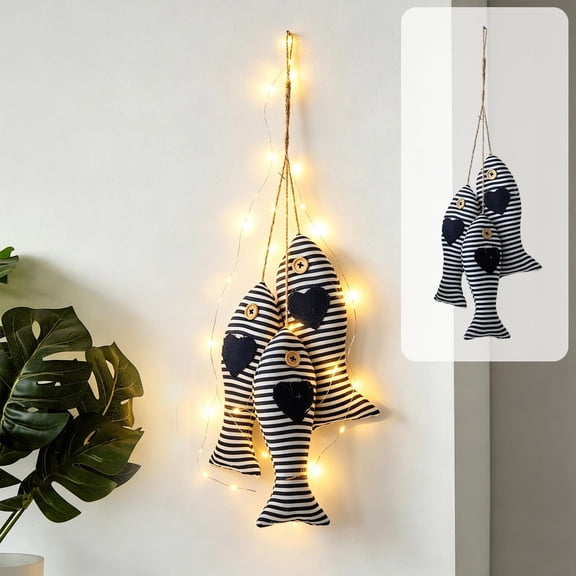 Mediterranean Starfish Fish LED Hanging Ornament Set of 3 Coastal Beach Themed Light up Wall Decor Soft Fabric Fish Pendants Nautical Sea Animal Decor for Bathroom Bedroom Patio Home Decoration,Blue