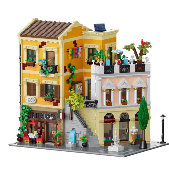 Mediterranean Street View Building Blocks Set, 3000+ PCS MOC City Street Scene, Italian Style Pizzeria & Rooftop Cafe, 3D Architecture Model Kit, Large-Scale DIY Construction Toy, Gifts for Adults &