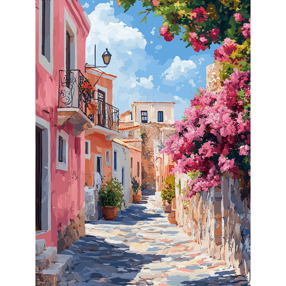Mediterranean Street View Canvas Painting, Suitable for Living Room, Dining Room, Office, and Hallway Decoration.