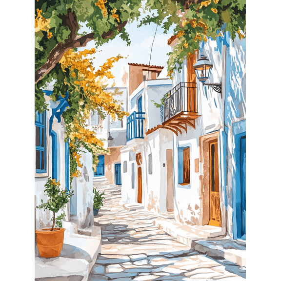 Mediterranean Street View Canvas Wall Art Suitable for Living Room Bedroom Kitchen Dining Room and Office Decoration.