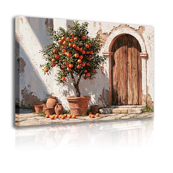 Mediterranean-Style Canvas Wall Art Decor: Framed Print featuring a Potted Orange Tree, Rustic Weathered Wooden Door, and Clay Pots—A Still-Life Oil Painting Style Ideal for Kitchens and Home Decor.
