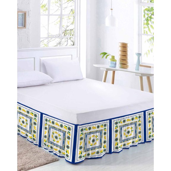 Mediterranean Style Lemon Bed Skirt Queen Size 16 Inch Drop, Blue Floral Blue Border Countryside Adjustable Elastic Dust Ruffles Bedskirt for Queen Bed Wrap Around Pleated Mattress Frame Cover